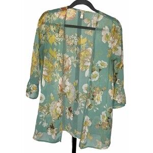 Xhilaration Cover Up Ruffle Sleeve Beach Top Open Sheer Green Floral Small Fairy